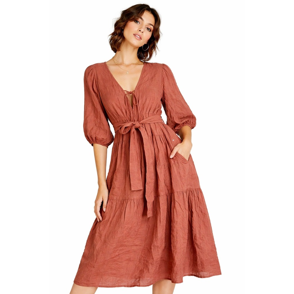Fil De Vie Medium Linen Tiered Midi Dress Womens Rust Excellent Puff Sleeve Tie